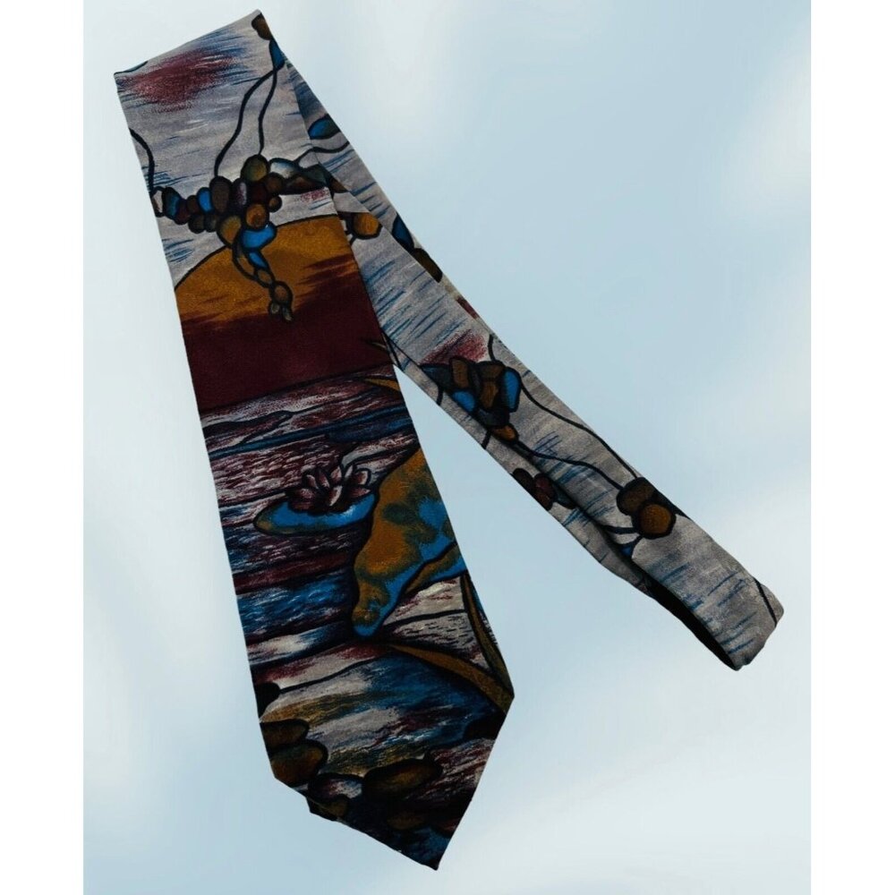 MODA ITALIANA Vintage 100% Silk Tie Stained Glass Abstract 3.5x58 Brown Blue Red
